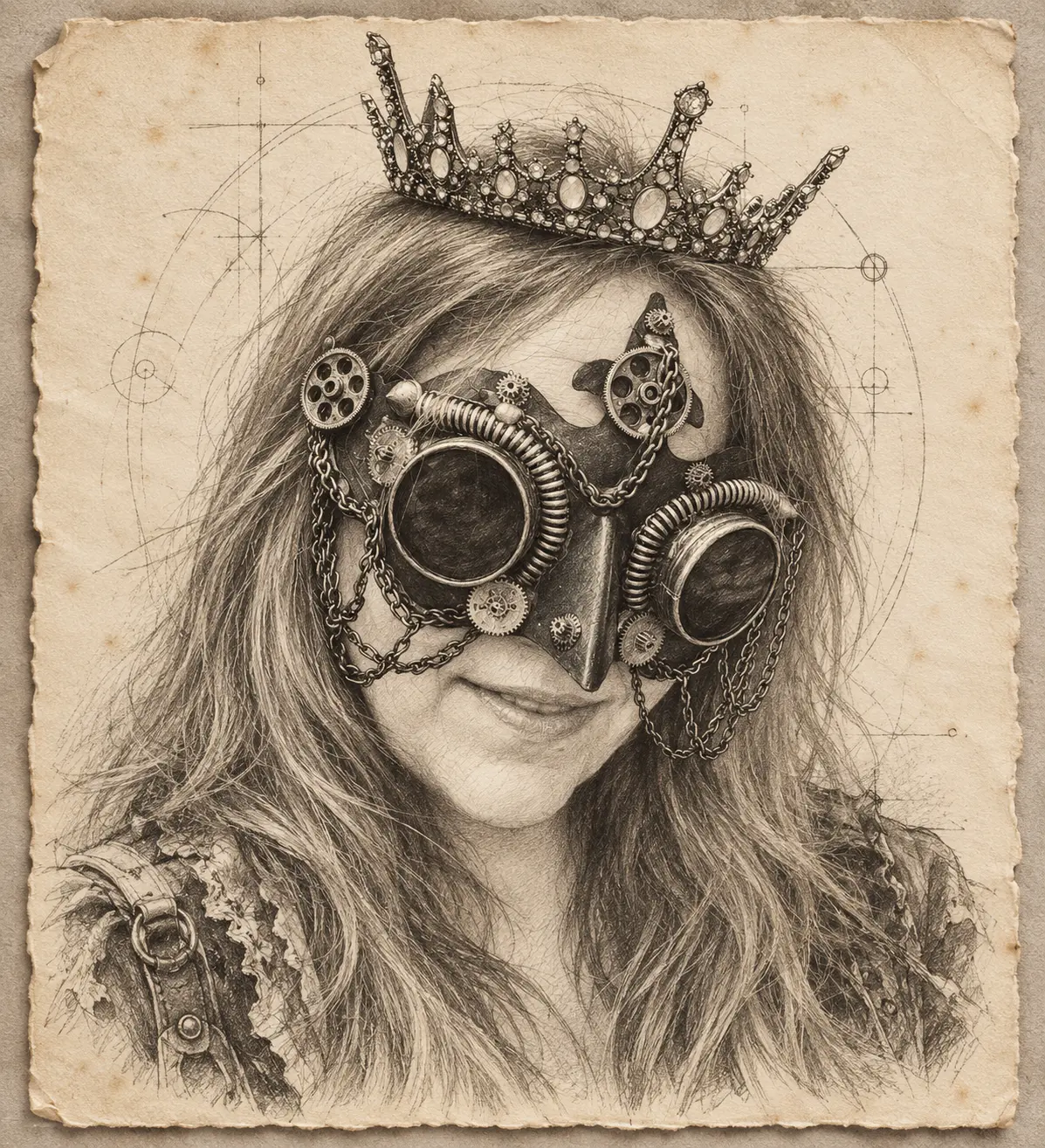 Pencil portrait of Beverly wearing a jewelled crown and a steampunk mask of gears and goggles