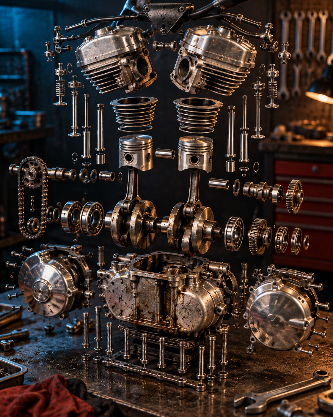 Exploded study of a twin motorcycle engine's worn parts above a workshop bench