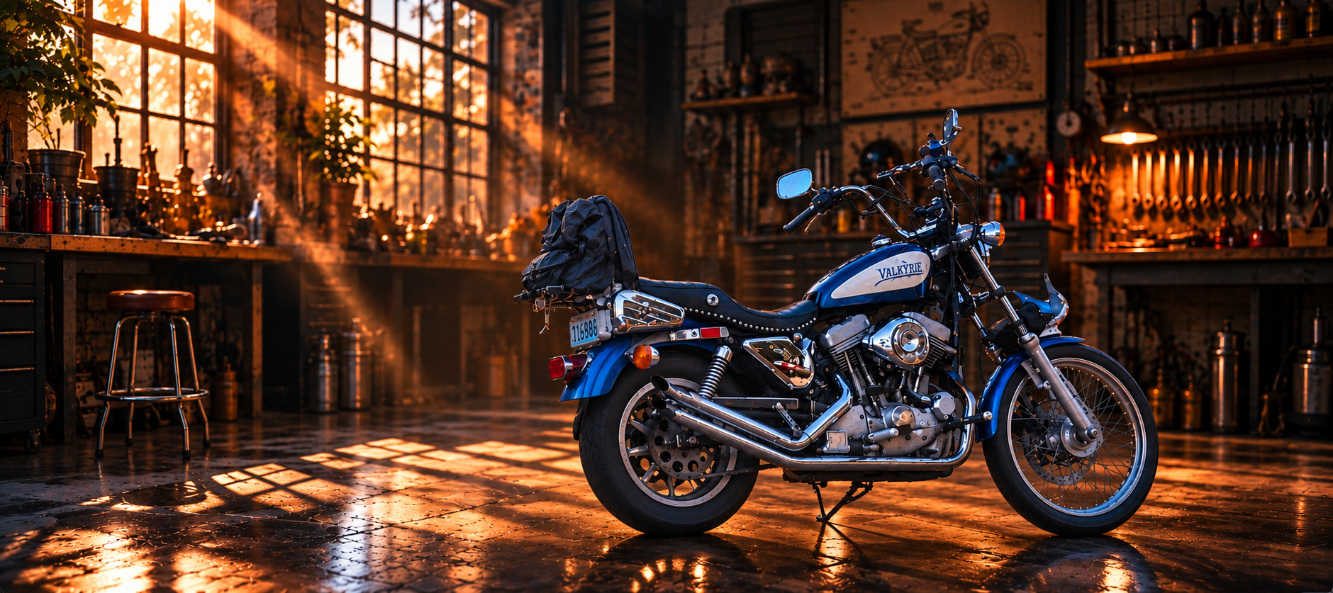 A blue motorcycle in a golden-hour workshop bathed in warm window light